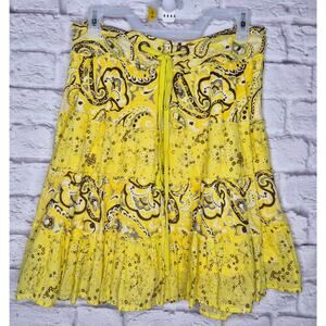 Vtg Y2K L.E.I. Yellow Paisley Tiered Boho Mini Skirt Fairycore Coquette L ruffle